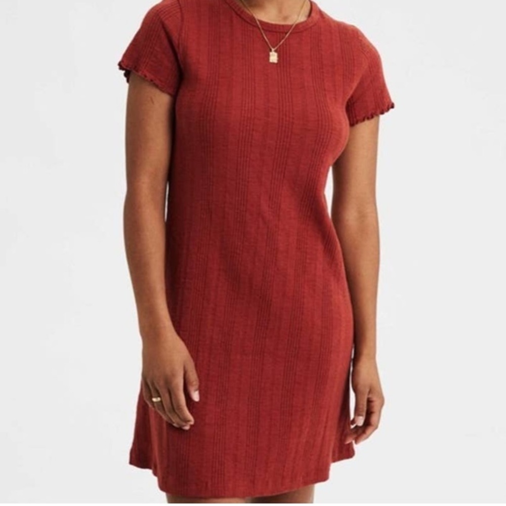 American Eagle T-Shirt Dress Women’s Size S Rust Ribbed Lettuce Trim Casual